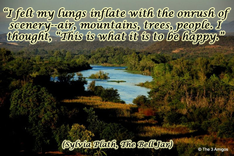 river and mountains scene with Sylvia Plath quote